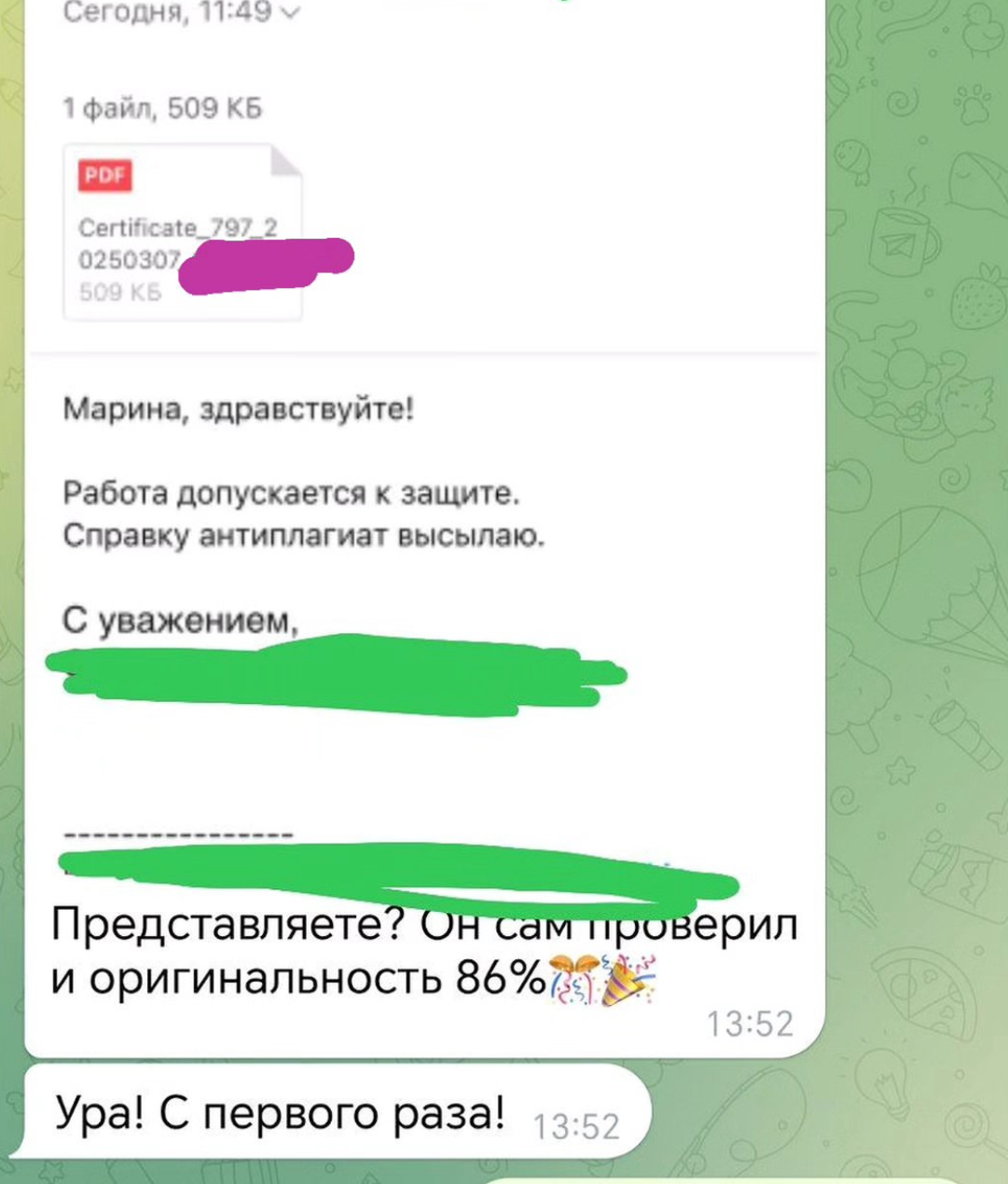 Скриншот переписки: благодарность за диплом